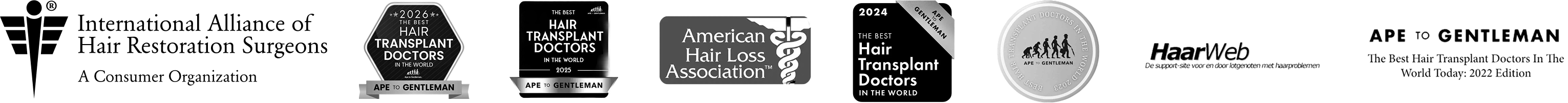 Award badges: IAHRS, The Best Hair Transplant Doctors in the World, American Hair Loss Association, HaarWeb, Ape to Gentleman